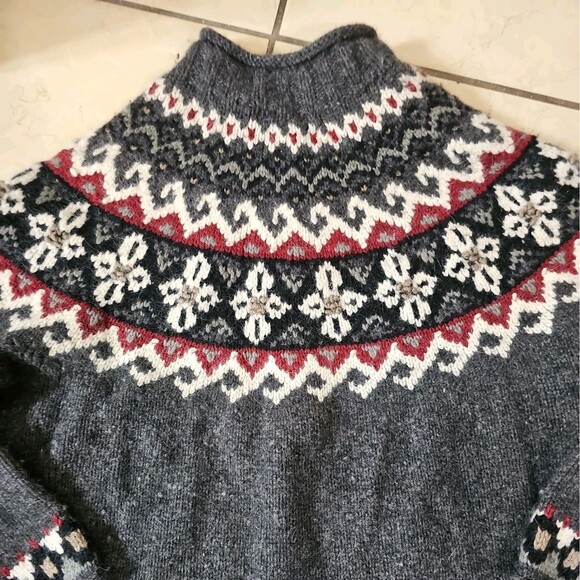 Icelandic Design L Quarter Zip Navy Gray Red Fair Isle 100% Cotton Sweater Fall - Picture 8 of 8